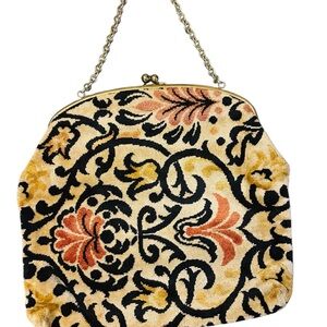 Vintage-Inspired Floral Tapestry Evening Bag - Cream and Black
